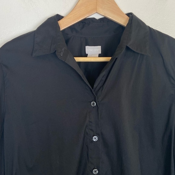 Chico's Women's Button Down Shirt Size 1 US 8 Black Stretch Puff Sleeve Preppy - Picture 3 of 8
